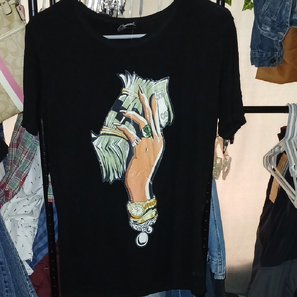 Black Graphic Tee with Hand Design